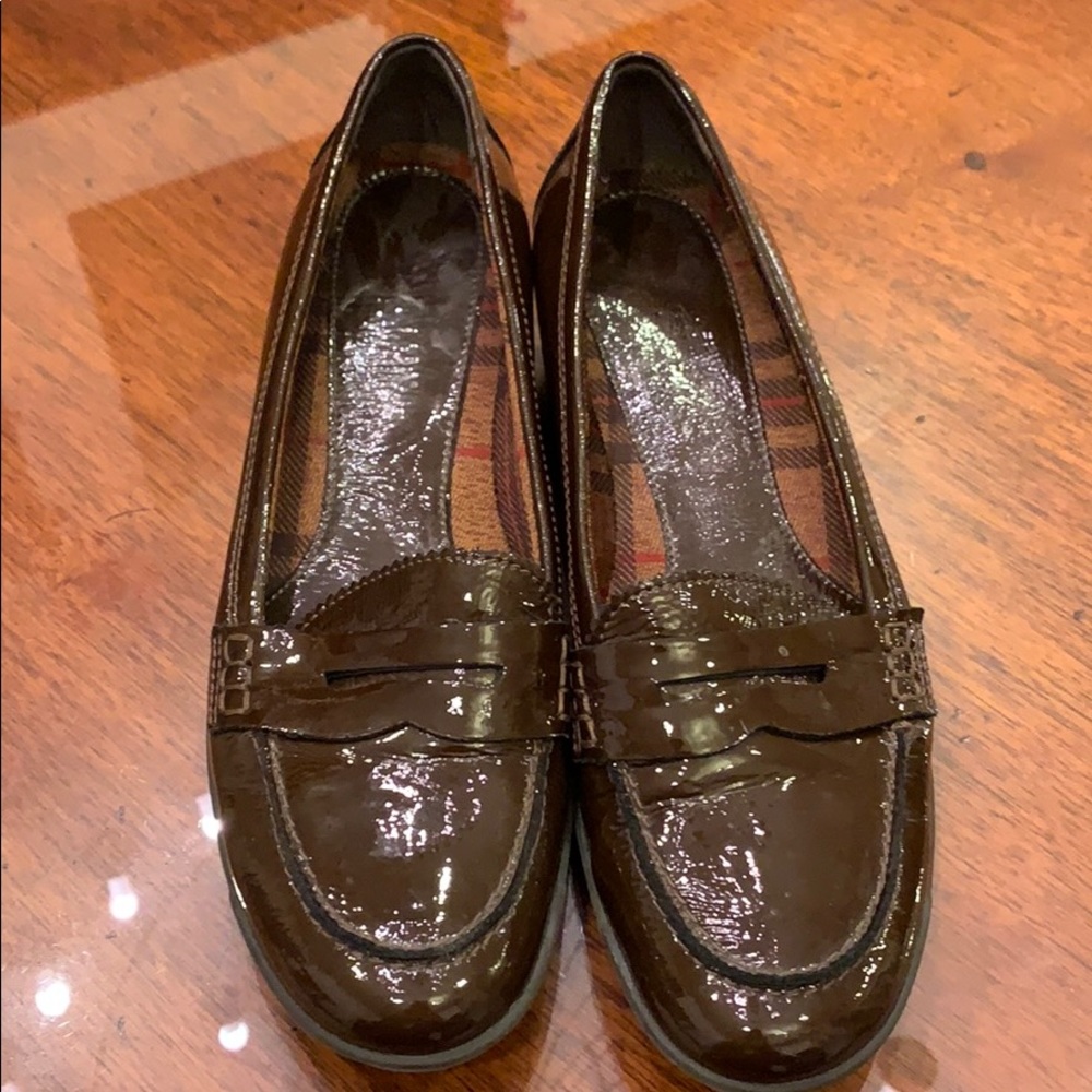 Aquatalia brown patent leather penny loafers